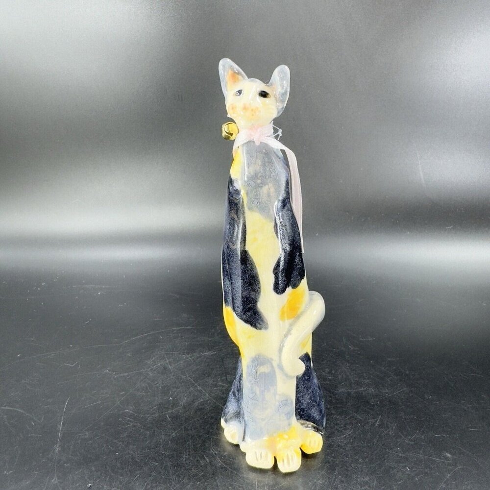 Vintage‎ Hand Made Pottery Kitty Cat Figurine Artist Signed Yellow Black Spots